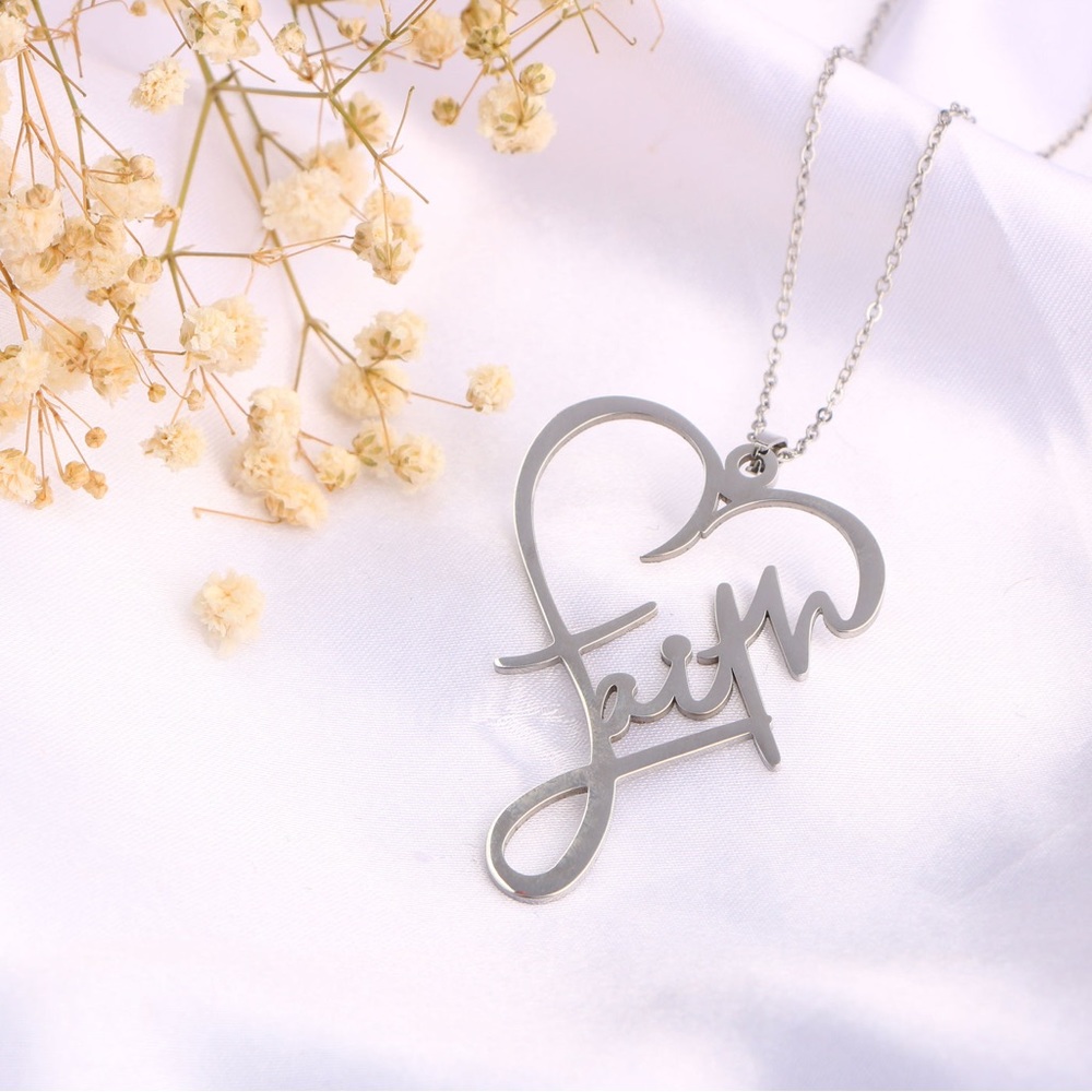 New Silver Stainless Steel Christian Faith Cursive Heart Minimalist Necklace - Picture 8 of 15